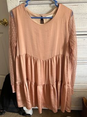Peach Love California Dusty Peach Tiered Babydoll Dress with Dot Mesh Sleeves